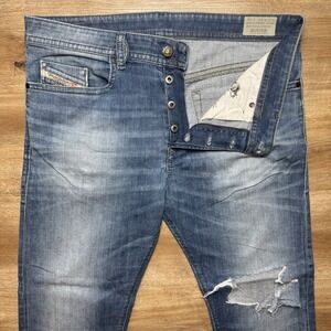 Diesel Jeans Men 35x27 Blue Buster Slim Tapered Leg Stretch Ripped Rockstar Pant